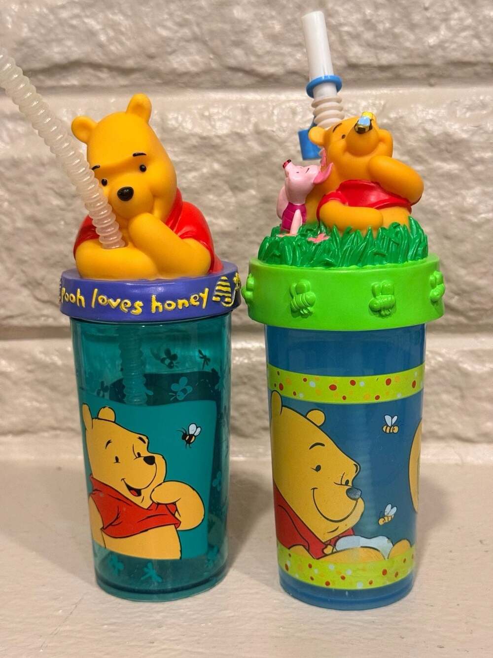 Disney Winnie the Pooh and Piglet 3D Figural Topper Straw Tumbler Cups, Set of 2